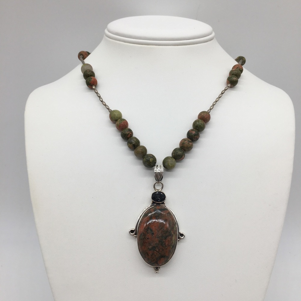 Sterling silver pendant natural gem stones unakite handmade jewelry necklace